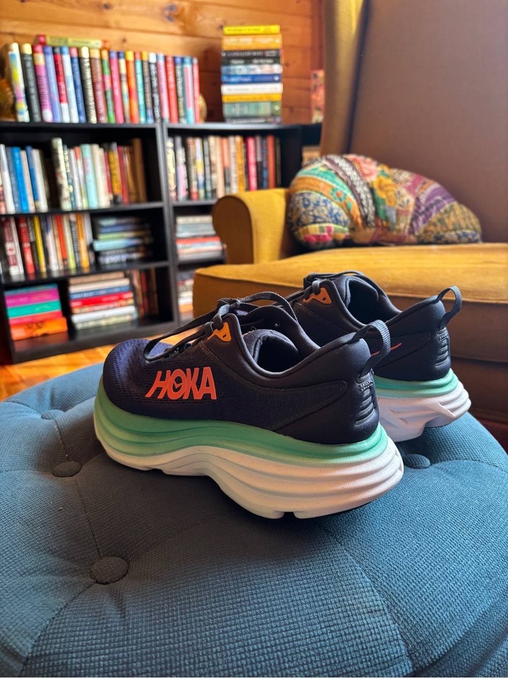 Hoka Navy Sneakers with Coral Logo and Mint Midsole - Picture 2 of 6